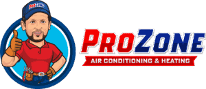 ProZone Air Conditioning & Heating logo featuring a technician mascot representing HVAC installation and repair services